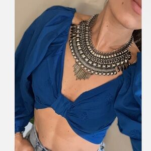 FARM Rio Royal Blue Cropped Tie-Front Blouse